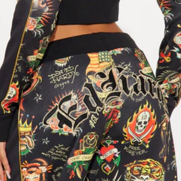 Ed Hardy Women's Shrunken Flashboard Track Pants multicolor tattoo art - Picture 5 of 14